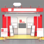 3D exhibit booth composition with promo leaflets advertising banners with text and notice board stand design vector illustration