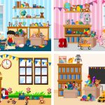 Four scenes with children playing in different rooms illustration